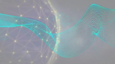 On start teal ribbon sweeping right, undulating over nodal sphere, showcasing Stock Footage 334788158