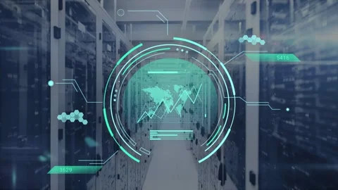 On start teal round HUD emerging centered, rings drawing, map showing, graph Stock Footage 334811020