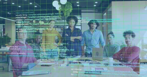 At start Tech team standing around table grid overlay sweeping and matrix Stock Footage 318046194