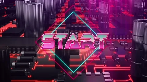 Start text on neon squares against close up of microprocessor connections on Stockbeeldmateriaal 158414179
