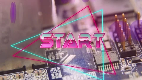 Start text on neon triangles against close up of microprocessor connections on Stock Footage 158414198
