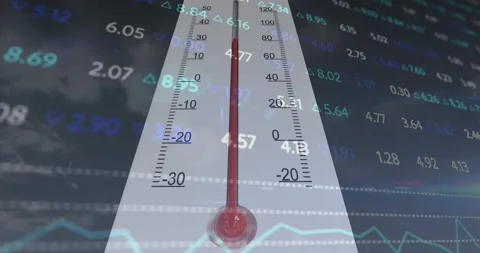 On start thermometer climbing red fluid while data fluctuating and storms Stock Footage 320067061