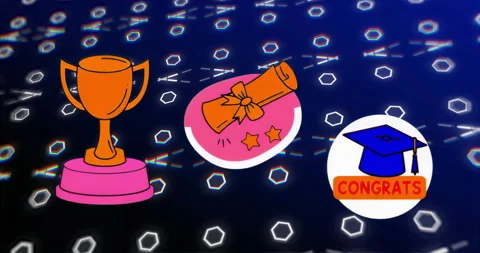 On start, three celebration icons rotating and pulsing on scrolling hex grid Stock Footage 316097156
