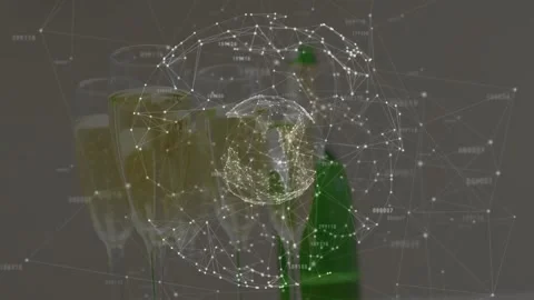 On start, three flutes and green bottle showing rotating network, visualizing Stock Footage 320652303