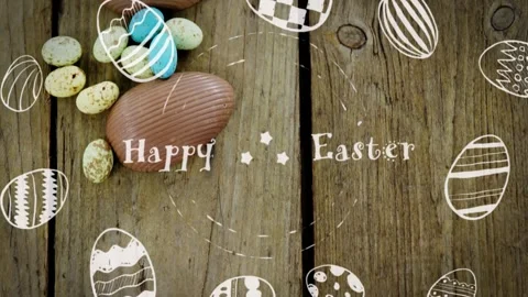 At start three ribbed eggs appearing, speckled eggs placing, Happy Easter fading Stock Footage 328366141