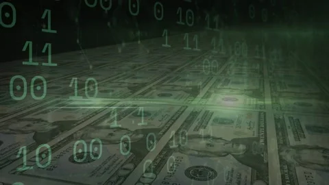 On start tiled US dollar bills receding while green binary falling, visualizing Stock Footage 335651990