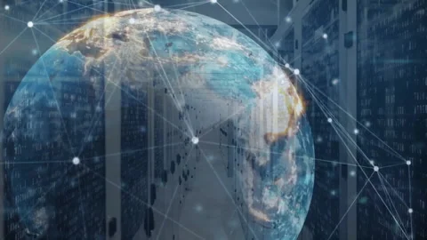 On start, translucent 3D globe rotating slowly showing nodes forming network for Stock Footage 311126080