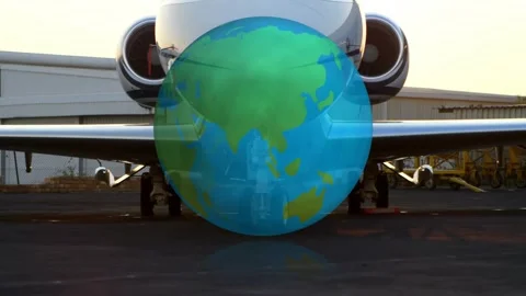 At start translucent globe appearing, growing and rotating over business jet Stock Footage 321143106
