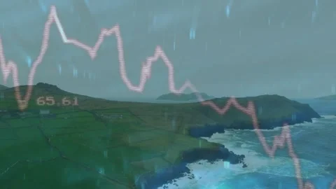 At start translucent pink line chart scrolling across coast under rain overlay, Stock Footage 329509745