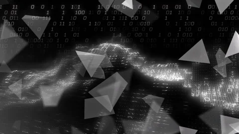 On start translucent triangles drifting across grid with streaming binary digits Stock Footage 314792295
