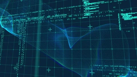 On start translucent waveform drifting across cyan grid as scrolling code fading Stock Footage 327587579