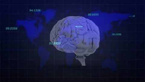 At start transparent 3D brain rotating vertically showcasing anatomy with map Stock Footage 314409223