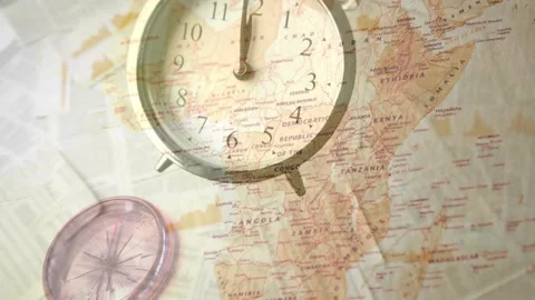 On start twin-bell alarm clock entering frame, tilting, hands advancing, map Stock Footage 329121992