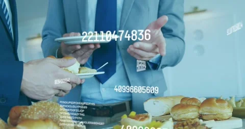At start two business associates gesturing with plates while data codes drifting 스톡 동영상 318237661