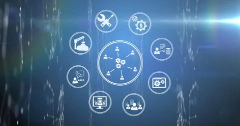 On start two gears merging, users linking, icons spinning, forming service Stock Footage 310151116