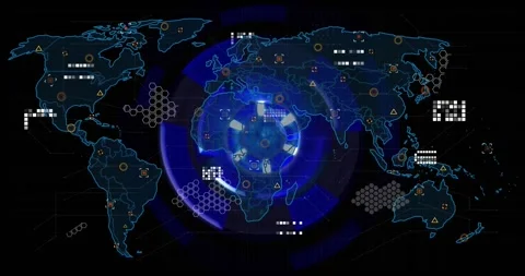 On start UI animating globe emerging data panels appearing arc rotating Stock Footage 320089223
