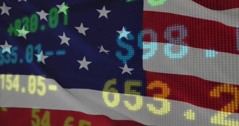 On start US flag with translucent ticker rippling while numbers flashing, Stock Footage 328229330