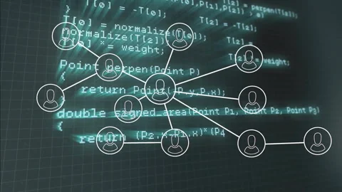On start, user icons appearing, linking, pulsing, fading over scrolling code Stock Footage 314743858