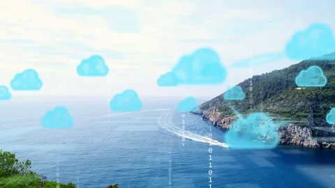 On start white boat leaving wake, blue cloud icons appearing with binary Stock Footage 334351724