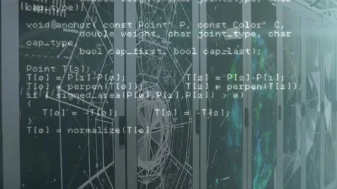 On start white code scrolling across server racks turning network calls into Stock Footage 319682245