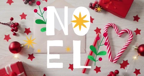 On start white letters stacking into NOEL over envelope branches drawing stars Stock Footage 326994325