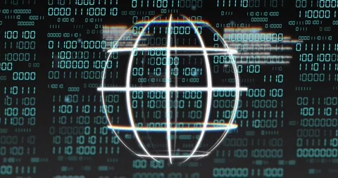 At start white wireframe globe rotating, HUD blocks drifting across binary grid Stock Footage 328396387
