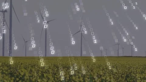 On start, wind turbines rotating on horizon, binary digits falling across crop, Stock Footage 334034792