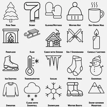 Start of Winter Icon Set, 20 Black Line Illustrations of Seasonal Items for.. Stock Illustration