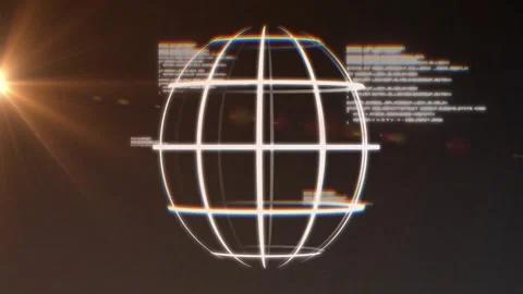 On start wireframe 3D sphere rotating, code clusters flickering stabilizing to Stock Footage 327361625