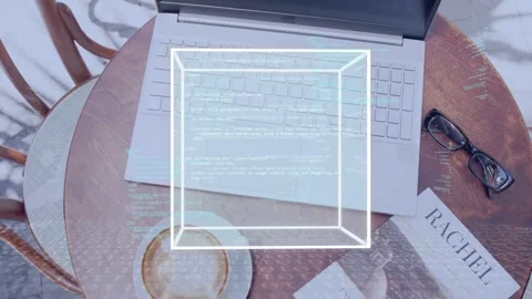 On start wireframe cube appearing above laptop, brightening and scrolling code Stock Footage 334743698