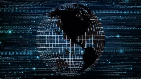 On start, wireframe globe rotating slowly, bringing Americas center, revealing Stock Footage 329870052