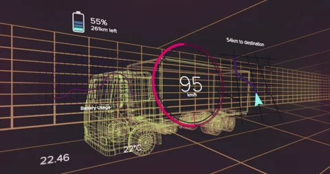 On start wireframe truck accelerating then decelerating and route graph Stock Footage 314708273