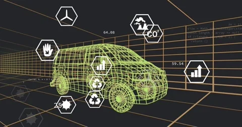 On start wireframe van appearing, hexagonal icons emerging and updating showing 스톡 동영상 319783194
