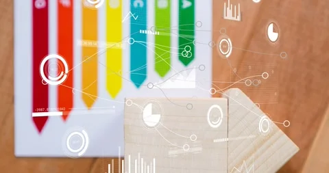 On start wooden cube and arrow guiding translucent overlays, showing data flow Stock Footage 328655948