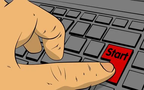 Start word on computer keyboard. Man push keypad on laptop. Comic book style  Stock Illustration