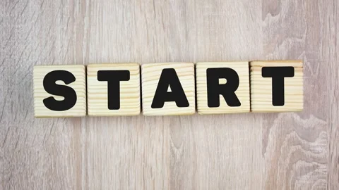 Start, a word made from letters and wooden cubes. Start, animation, concept. Stock Footage 340017298