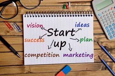 Start up word on notebook Stock Photos