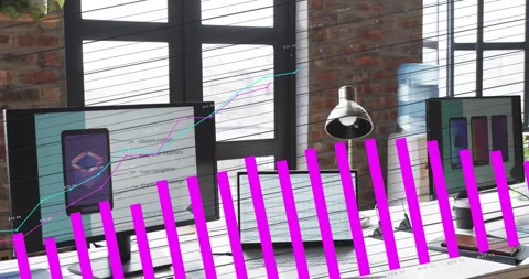 On start, workstation cluster showing rising line graphs and magenta bars Stock Footage 330979662