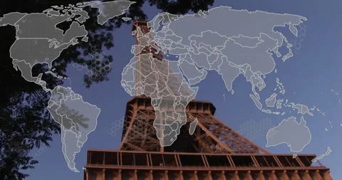On start world map fading in on Eiffel Tower as network patterns animating Stock Footage 310326759