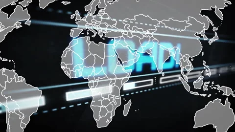 On start world map fading in loading text sliding and bars filling indicating Stock Footage 313149599