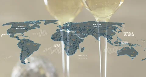 At start world map fading with popping icons forming grid, flutes filling Stock Footage 317772215