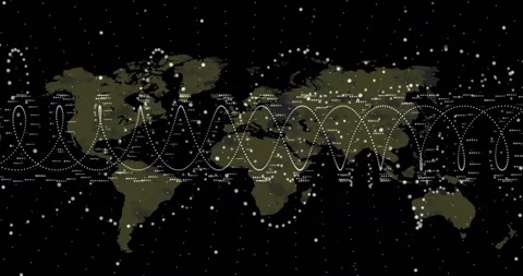 On start world map sweeping sine-wave lines, tinting green, clustering nodes Stock Footage 311663807