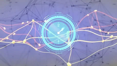 At start yellow and pink waveforms drawing as rings building around clock Stock Footage 326096158