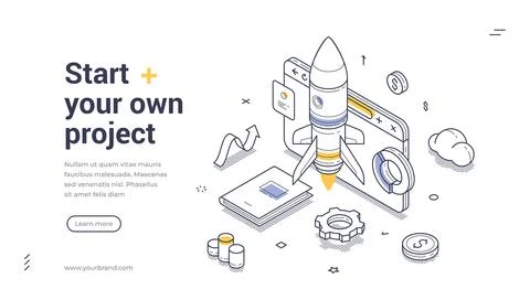 Start your own project. Isometric web banner template features a rocket blast Stock Illustration