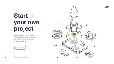 Start Your Own Project Isometric Banner Vector Illustration. Web template for Illustrazione stock