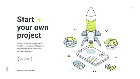 Start your own project strategy development workflow isometric web banner des 스톡 일러스트