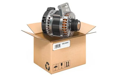 Starter inside cardboard box, delivery concept. 3D rendering Illustrazione stock
