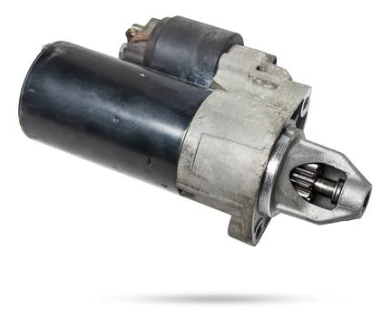 Starter of an internal combustion engine New Spare part for car on a white ba Fotos de archivo