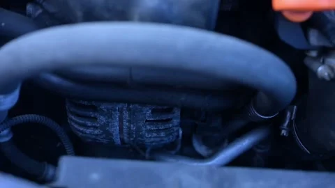Starter operation during the first start of a diesel engine. Intricate view of a Video stock 329616867