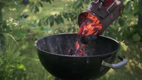 The starter of red coals falls asleep in the charcoal grill Stock Footage 200964599